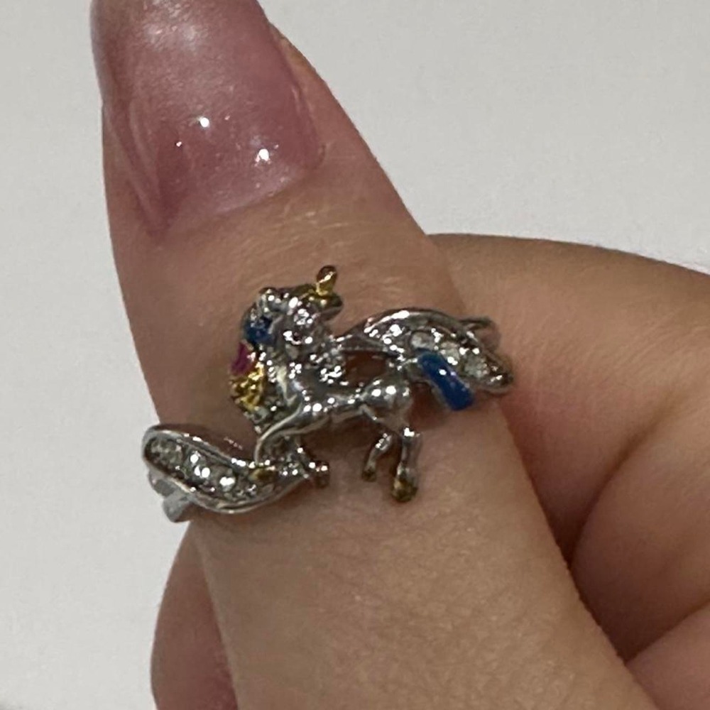 Whimsical Winged Unicorn Ring Silver Tone Rhinestone Pegasus Fairycore Size 9.75